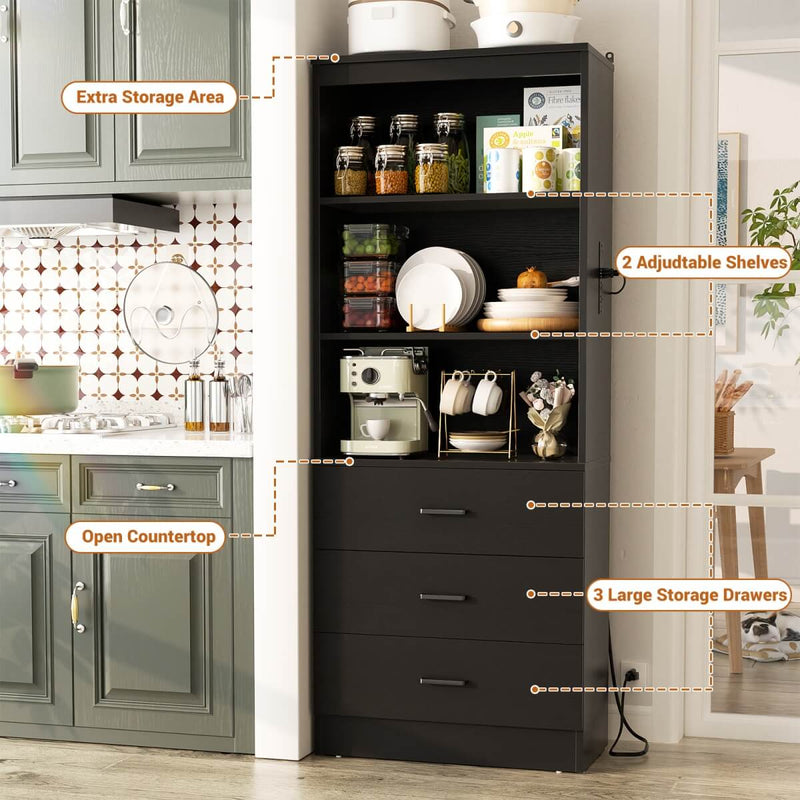 Floor Standing Bookcase with Power Outlets & 3 Drawers, 23.6''L x 71''H x 13.8''W