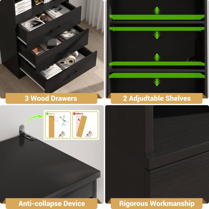 Floor Standing Bookcase with Power Outlets & 3 Drawers, 23.6''L x 71''H x 13.8''W