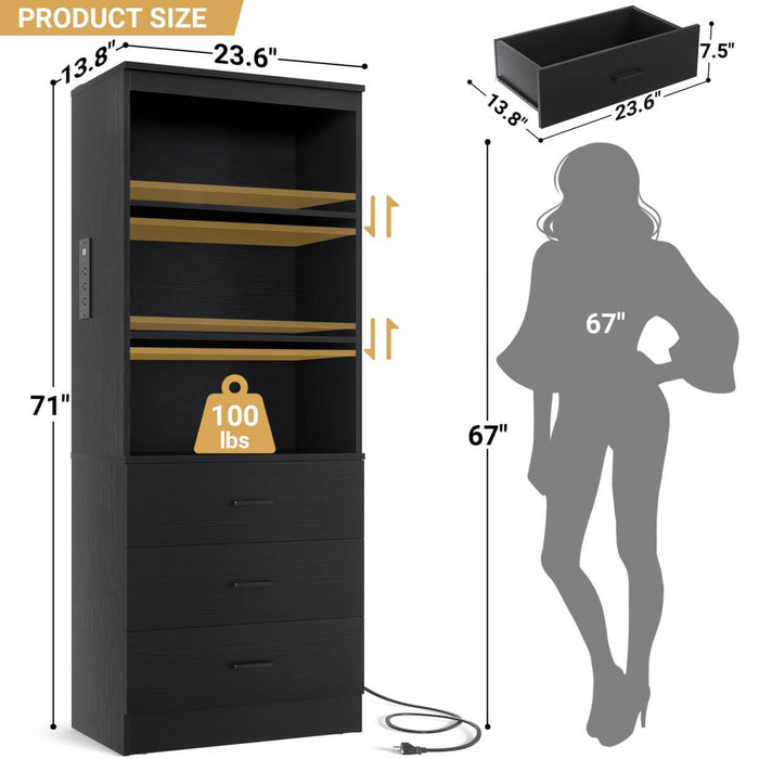 Floor Standing Bookcase with Power Outlets & 3 Drawers, 23.6''L x 71''H x 13.8''W