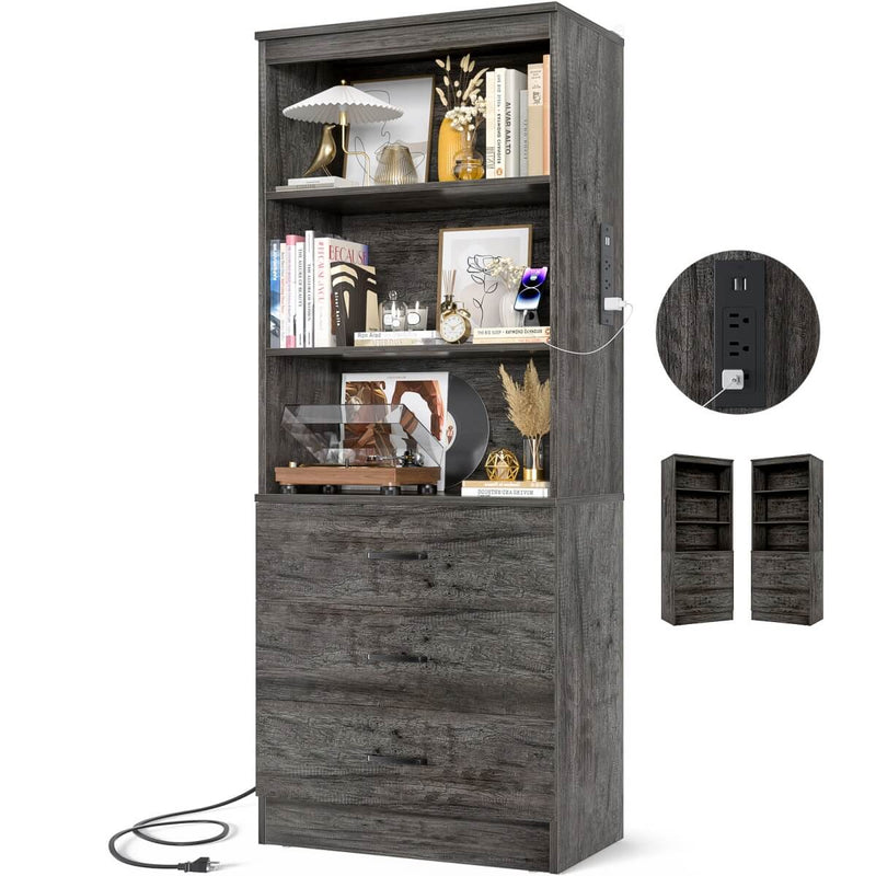 Floor Standing Bookcase with Power Outlets & 3 Drawers, 23.6''L x 71''H x 13.8''W