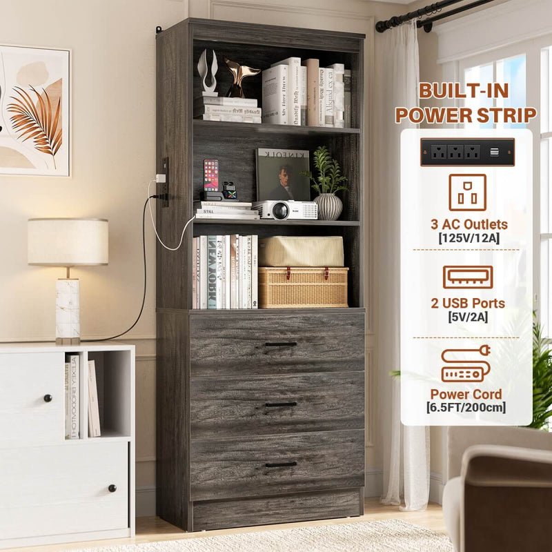 Floor Standing Bookcase with Power Outlets & 3 Drawers, 23.6''L x 71''H x 13.8''W