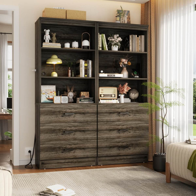 Floor Standing Bookcase with Power Outlets & 3 Drawers, 23.6''L x 71''H x 13.8''W
