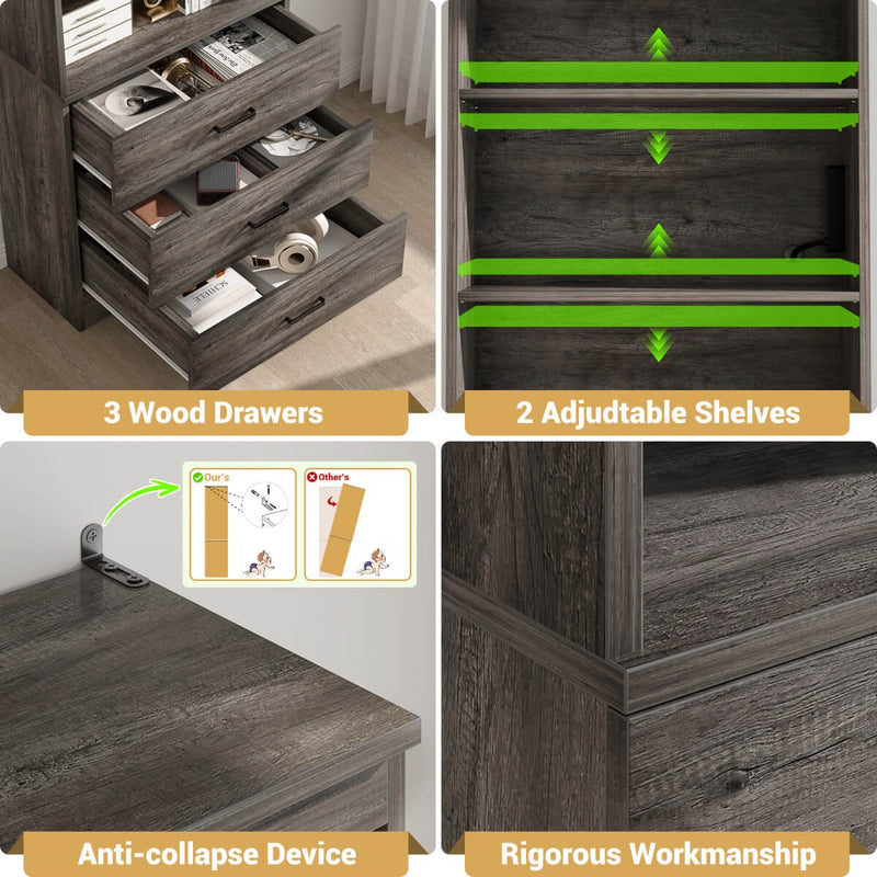 Floor Standing Bookcase with Power Outlets & 3 Drawers, 23.6''L x 71''H x 13.8''W