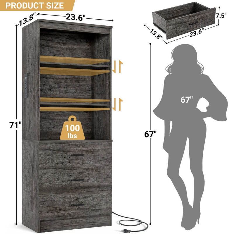 Floor Standing Bookcase with Power Outlets & 3 Drawers, 23.6''L x 71''H x 13.8''W