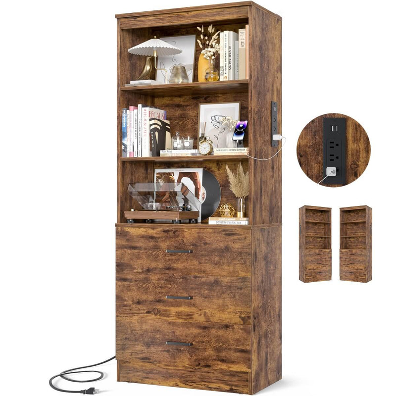 Floor Standing Bookcase with Power Outlets & 3 Drawers, 23.6''L x 71''H x 13.8''W