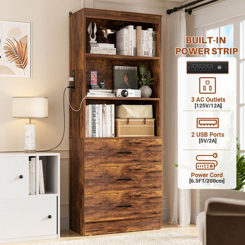 Floor Standing Bookcase with Power Outlets & 3 Drawers, 23.6''L x 71''H x 13.8''W