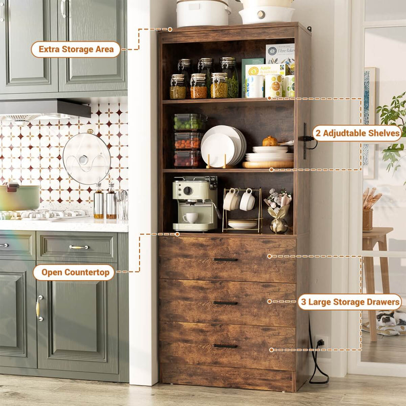 Floor Standing Bookcase with Power Outlets & 3 Drawers, 23.6''L x 71''H x 13.8''W