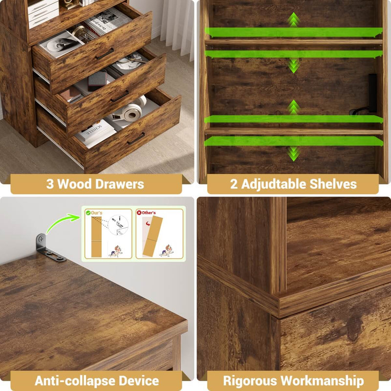 Floor Standing Bookcase with Power Outlets & 3 Drawers, 23.6''L x 71''H x 13.8''W