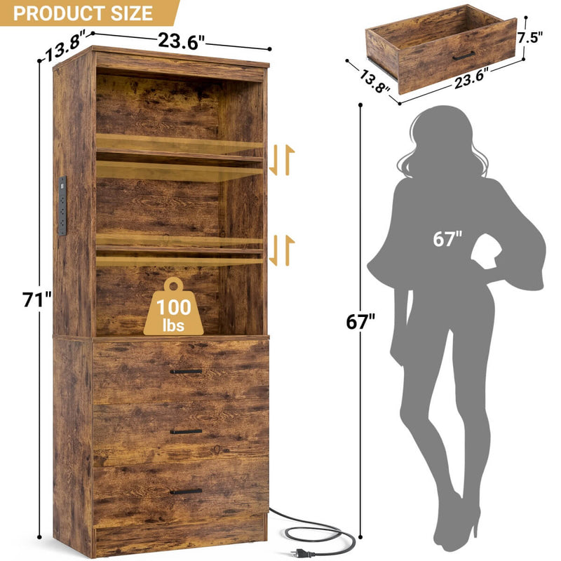 Floor Standing Bookcase with Power Outlets & 3 Drawers, 23.6''L x 71''H x 13.8''W