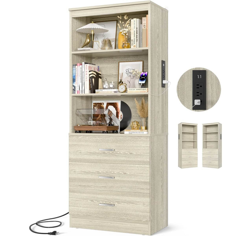 Floor Standing Bookcase with Power Outlets & 3 Drawers, 23.6''L x 71''H x 13.8''W