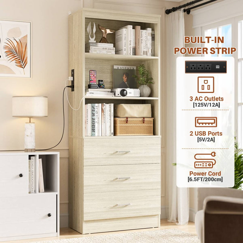 Floor Standing Bookcase with Power Outlets & 3 Drawers, 23.6''L x 71''H x 13.8''W