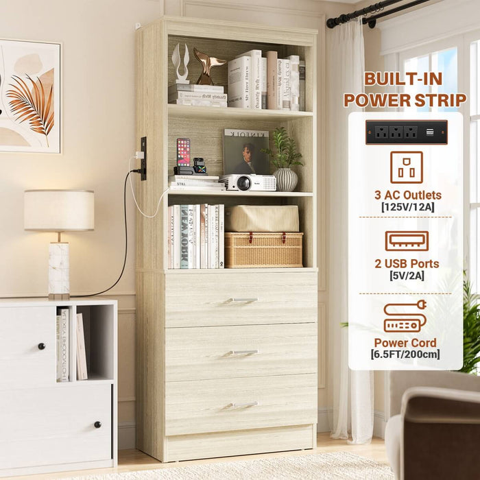 Floor Standing Bookcase with Power Outlets & 3 Drawers, 23.6''L x 71''H x 13.8''W