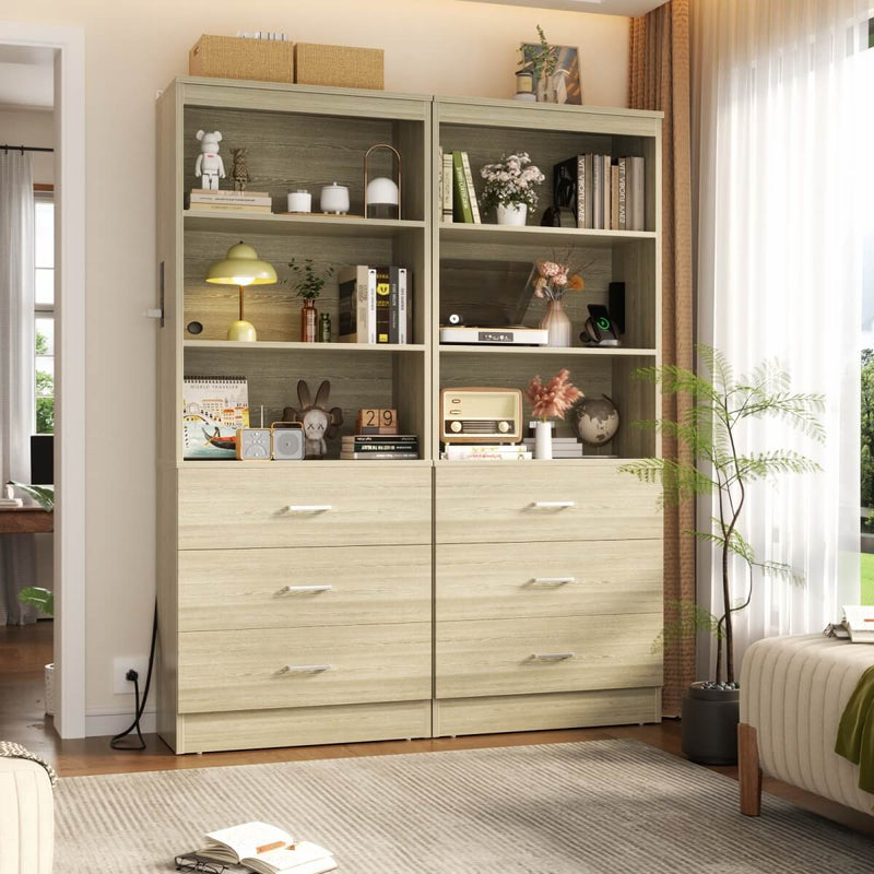 Floor Standing Bookcase with Power Outlets & 3 Drawers, 23.6''L x 71''H x 13.8''W