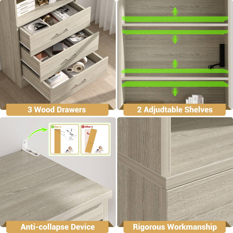 Floor Standing Bookcase with Power Outlets & 3 Drawers, 23.6''L x 71''H x 13.8''W