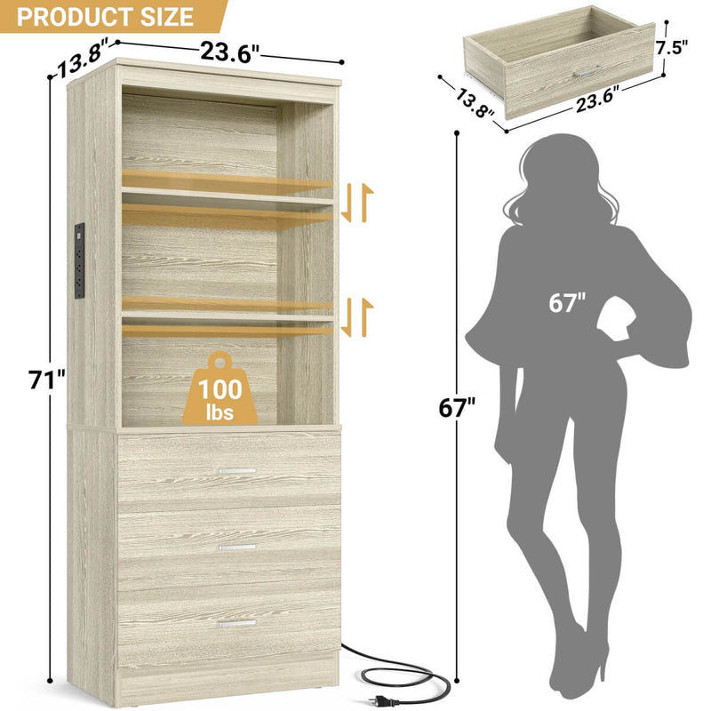 Floor Standing Bookcase with Power Outlets & 3 Drawers, 23.6''L x 71''H x 13.8''W