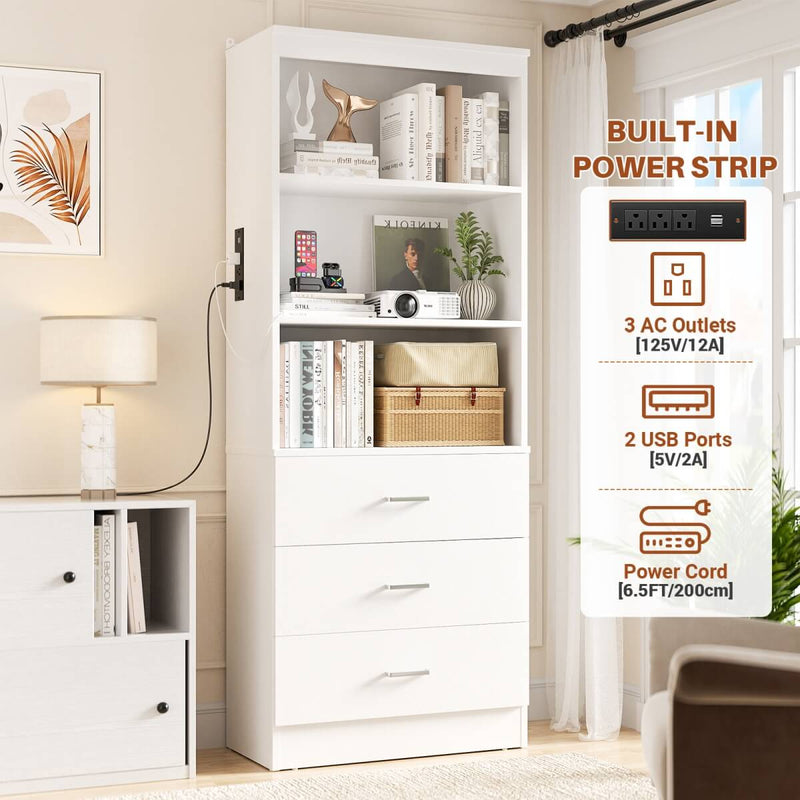 Floor Standing Bookcase with Power Outlets & 3 Drawers, 23.6''L x 71''H x 13.8''W