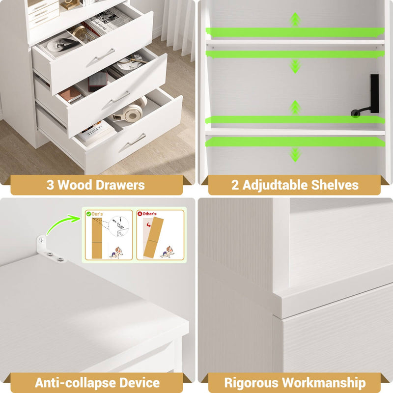 Floor Standing Bookcase with Power Outlets & 3 Drawers, 23.6''L x 71''H x 13.8''W