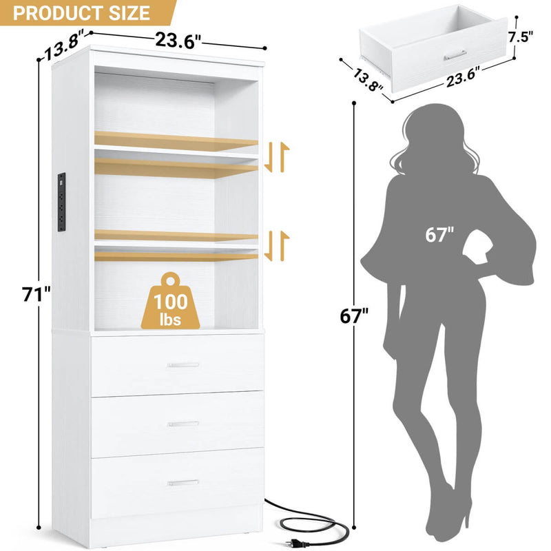 Floor Standing Bookcase with Power Outlets & 3 Drawers, 23.6''L x 71''H x 13.8''W