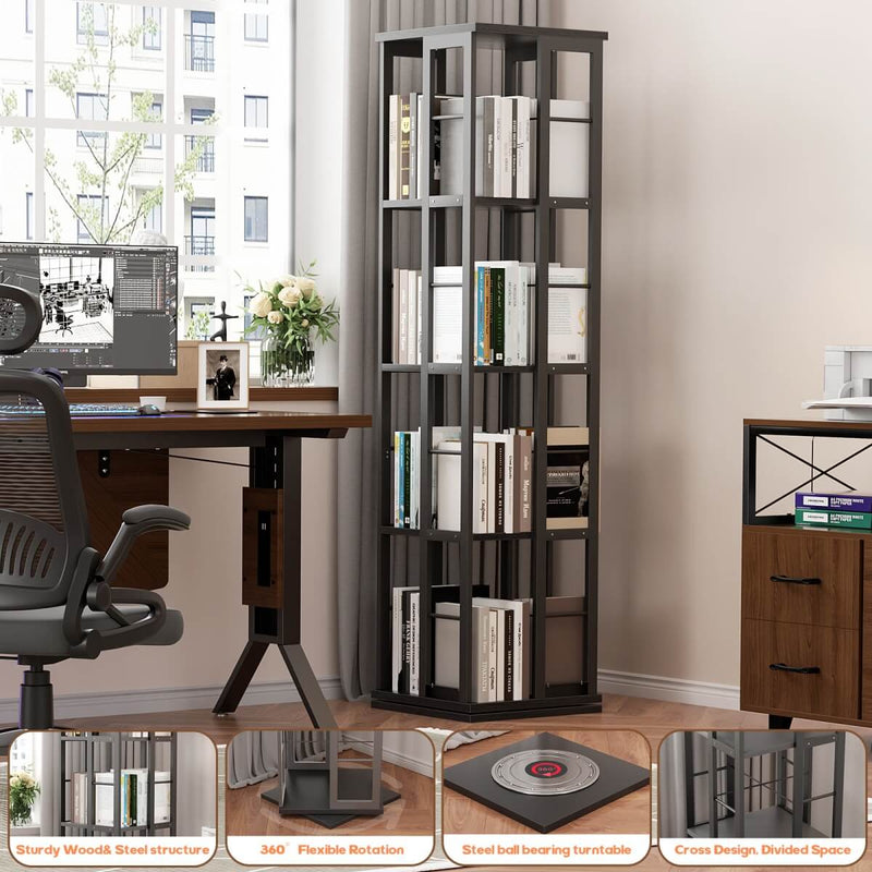 4-Tier Rotating Bookshelf, 360 Display Wood Spinning Bookshelf for Home & Office