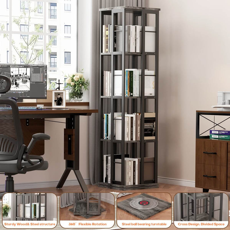 4-Tier Rotating Bookshelf, 360 Display Wood Spinning Bookshelf for Home & Office