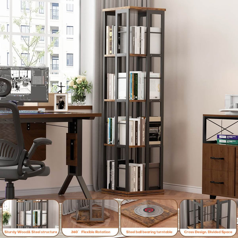 4-Tier Rotating Bookshelf, 360 Display Wood Spinning Bookshelf for Home & Office
