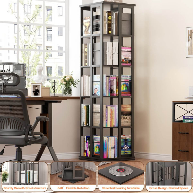 5-Tier Rotating Bookshelf, 360 Display Wood Spinning Bookshelves