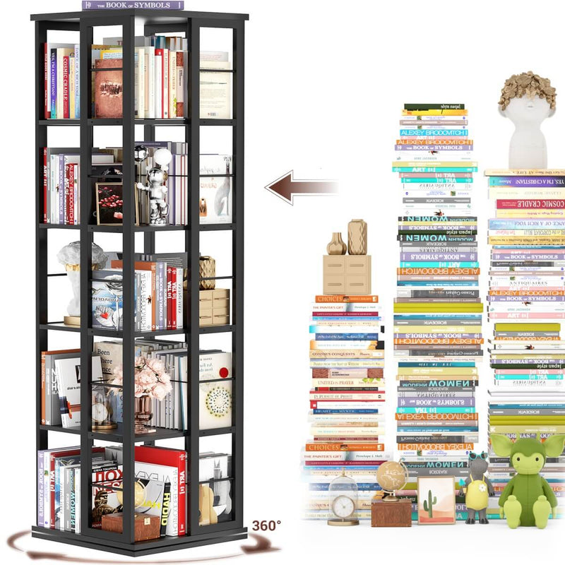 5-Tier Rotating Bookshelf, 360 Display Wood Spinning Bookshelves