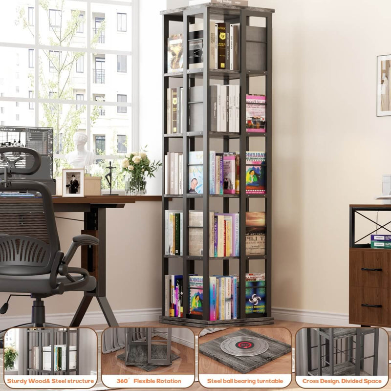 5-Tier Rotating Bookshelf, 360 Display Wood Spinning Bookshelves