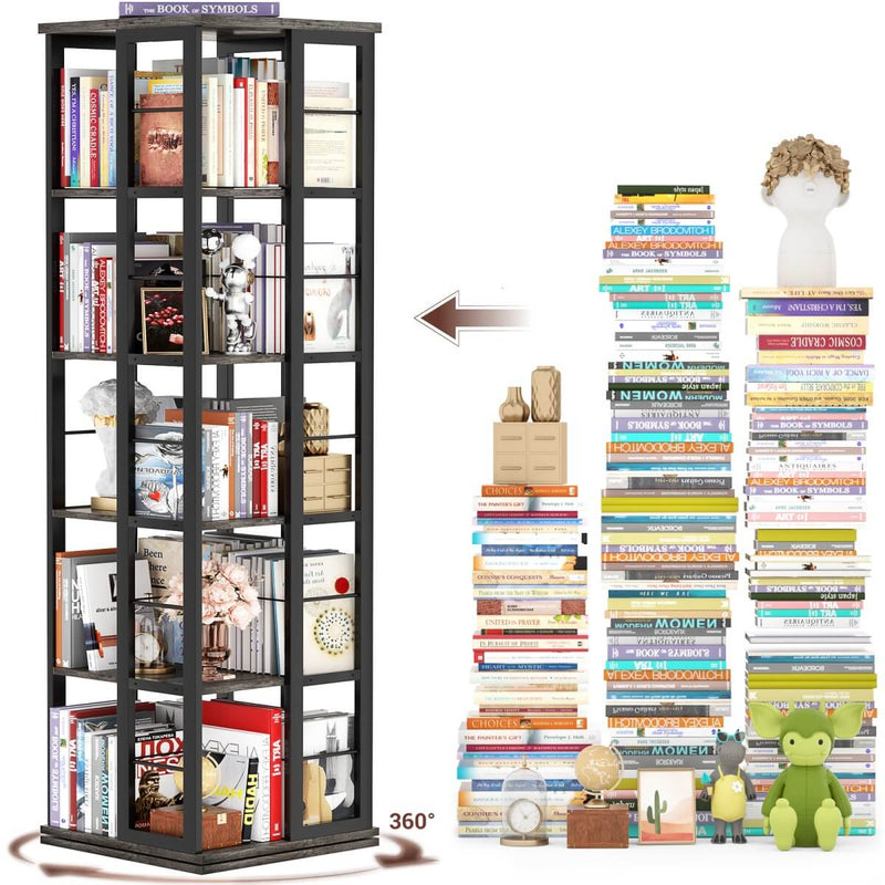 5-Tier Rotating Bookshelf, 360 Display Wood Spinning Bookshelves
