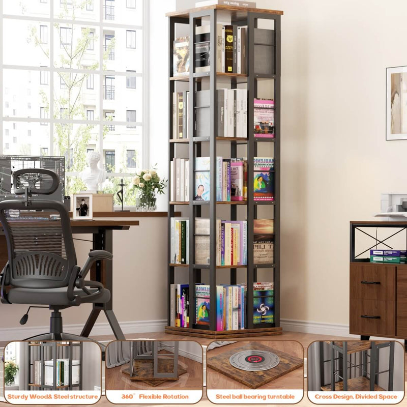 5-Tier Rotating Bookshelf, 360 Display Wood Spinning Bookshelves