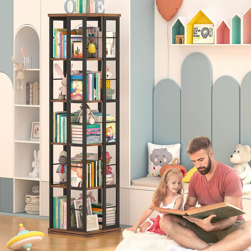 5-Tier Rotating Bookshelf, 360 Display Wood Spinning Bookshelves