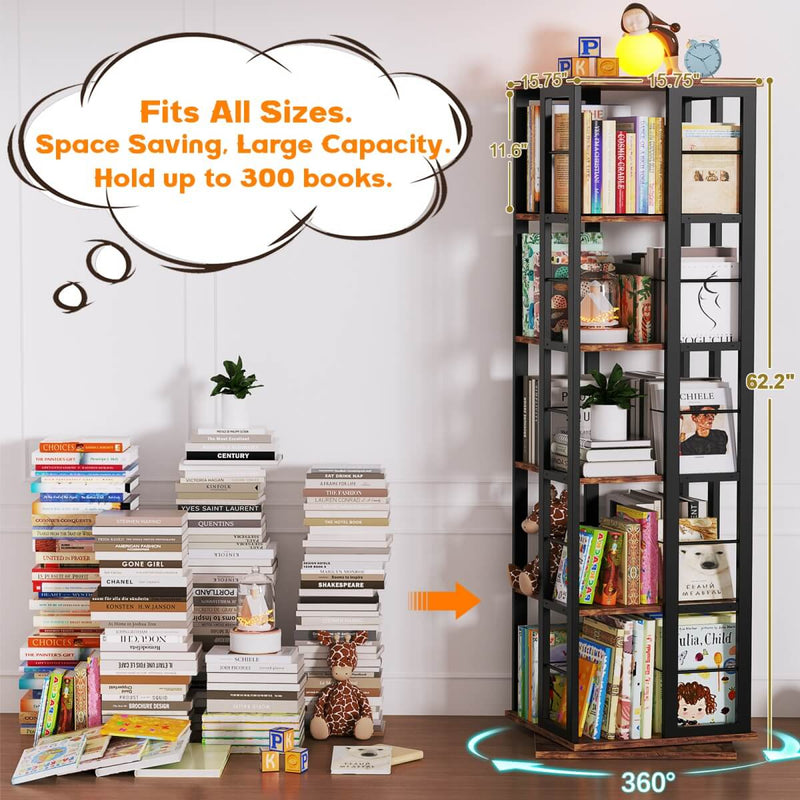 5-Tier Rotating Bookshelf, 360 Display Wood Spinning Bookshelves