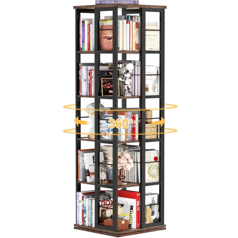 5-Tier Rotating Bookshelf, 360 Display Wood Spinning Bookshelves