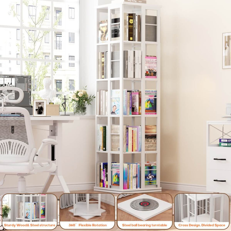 5-Tier Rotating Bookshelf, 360 Display Wood Spinning Bookshelves