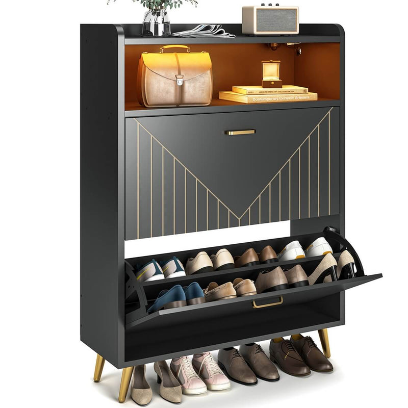 Wooden Shoe Cabinet with Flip Doors, Hidden Shoe Cabinet with LED Light for Entryway