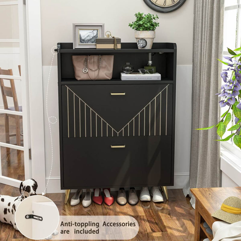 Wooden Shoe Cabinet with Flip Doors, Hidden Shoe Cabinet with LED Light for Entryway