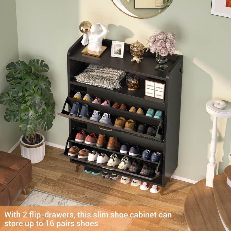 Wooden Shoe Cabinet with Flip Doors, Hidden Shoe Cabinet with LED Light for Entryway