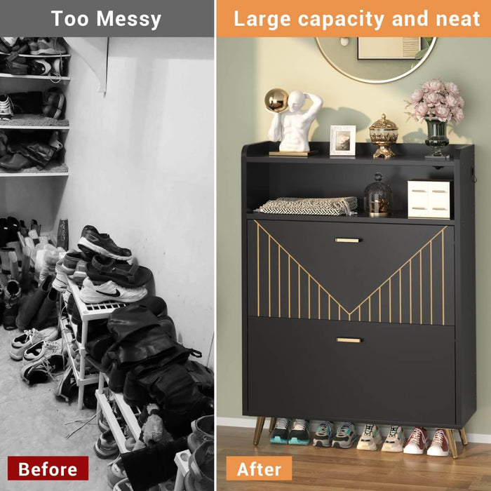 Wooden Shoe Cabinet with Flip Doors, Hidden Shoe Cabinet with LED Light for Entryway