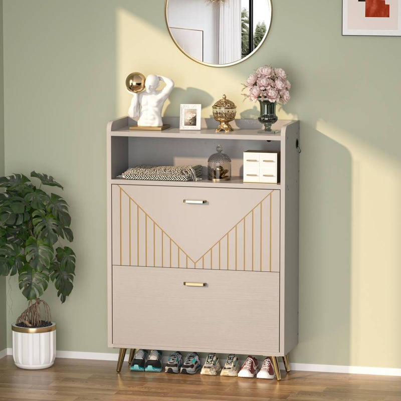 Wooden Shoe Cabinet with Flip Doors, Hidden Shoe Cabinet with LED Light for Entryway