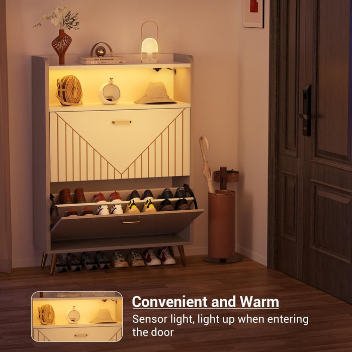Wooden Shoe Cabinet with Flip Doors, Hidden Shoe Cabinet with LED Light for Entryway