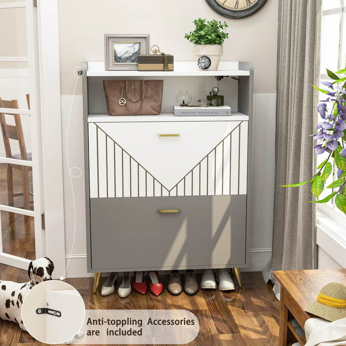 Wooden Shoe Cabinet with Flip Doors, Hidden Shoe Cabinet with LED Light for Entryway