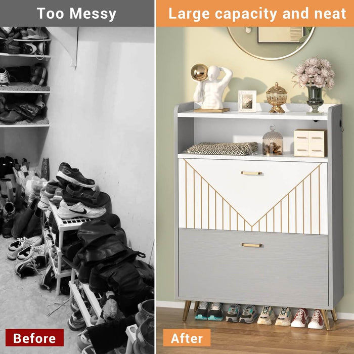 Wooden Shoe Cabinet with Flip Doors, Hidden Shoe Cabinet with LED Light for Entryway