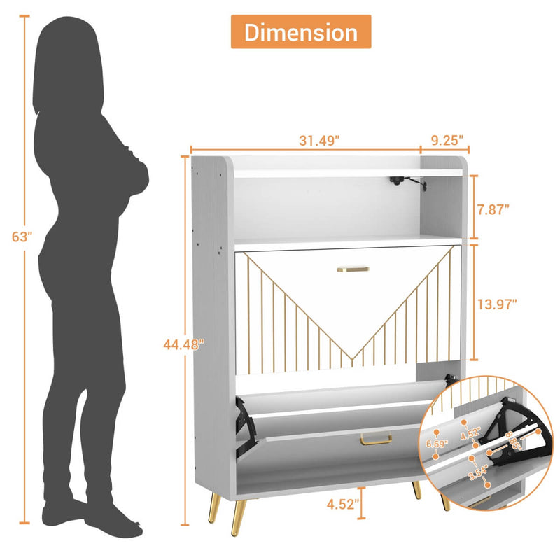 Wooden Shoe Cabinet with Flip Doors, Hidden Shoe Cabinet with LED Light for Entryway