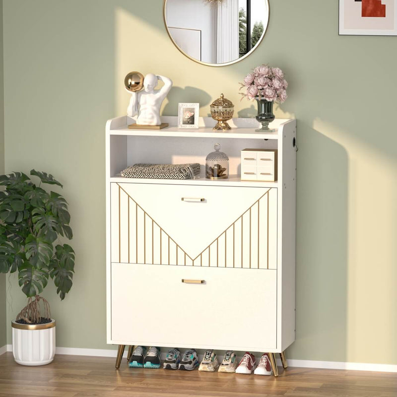 Wooden Shoe Cabinet with Flip Doors, Hidden Shoe Cabinet with LED Light for Entryway
