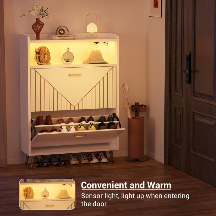 Wooden Shoe Cabinet with Flip Doors, Hidden Shoe Cabinet with LED Light for Entryway