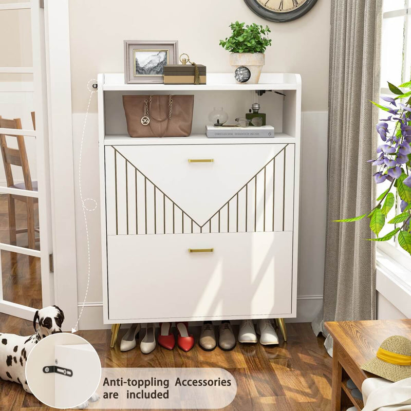 Wooden Shoe Cabinet with Flip Doors, Hidden Shoe Cabinet with LED Light for Entryway