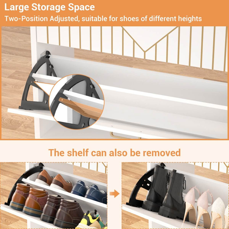 Wooden Shoe Cabinet with Flip Doors, Hidden Shoe Cabinet with LED Light for Entryway