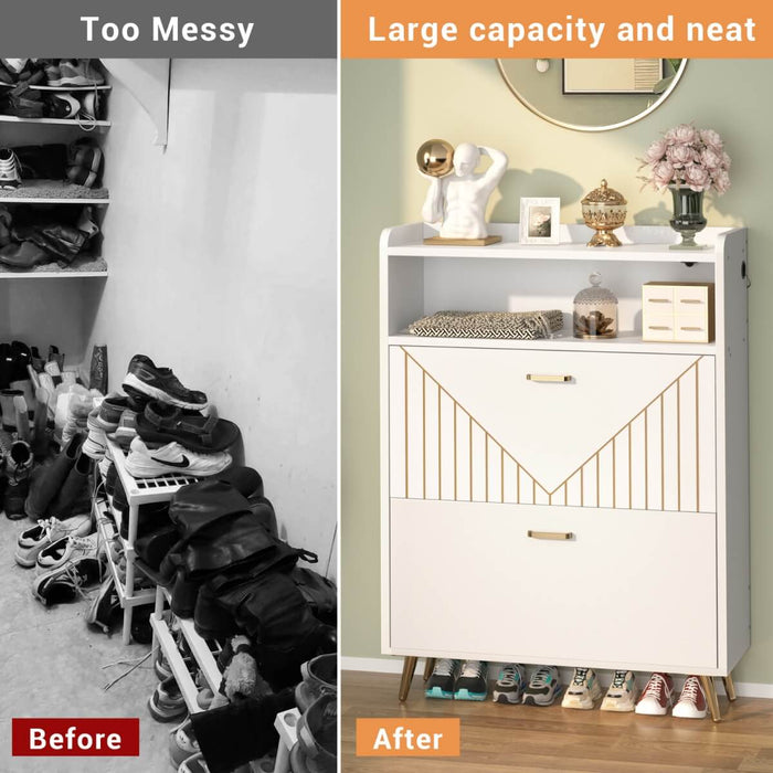 Wooden Shoe Cabinet with Flip Doors, Hidden Shoe Cabinet with LED Light for Entryway