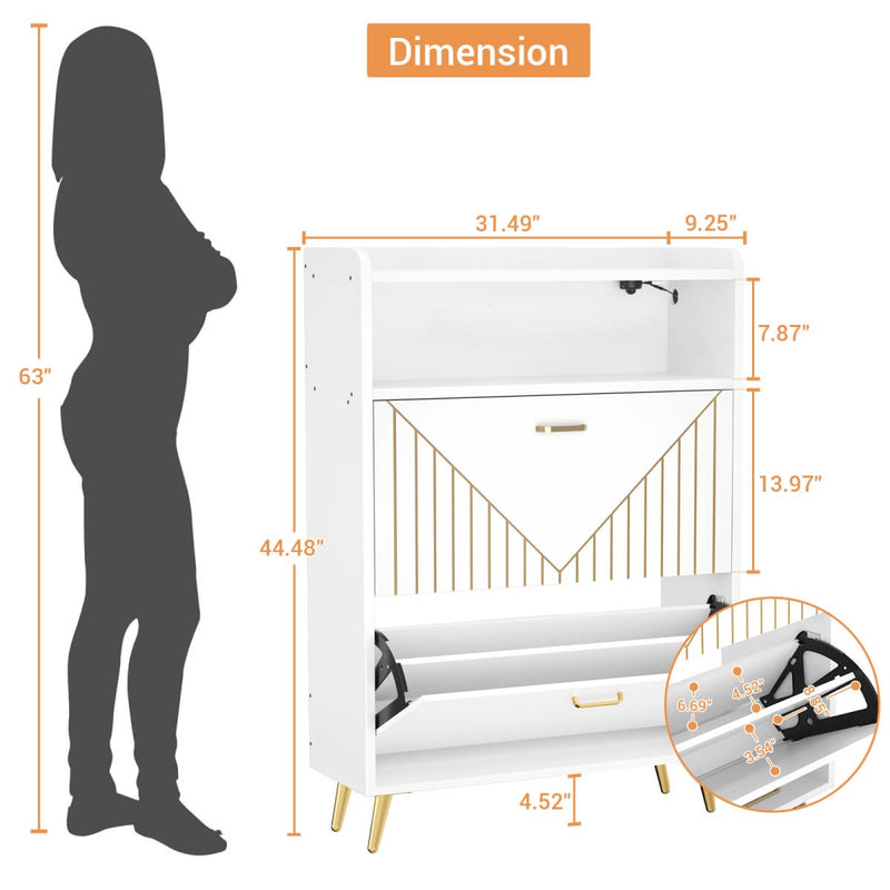 Wooden Shoe Cabinet with Flip Doors, Hidden Shoe Cabinet with LED Light for Entryway