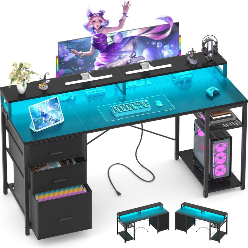 59'' Gaming Desk with LED Strip, Power Outlets & File Drawers, Reversible